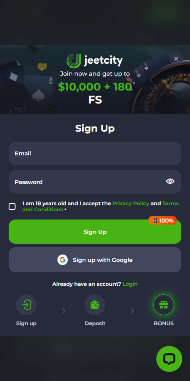 Sign up via the JeetCity app for Android and iOS devices.