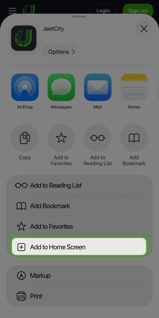 Add the shortcut to your home screen for JeetCity iOS app setup.