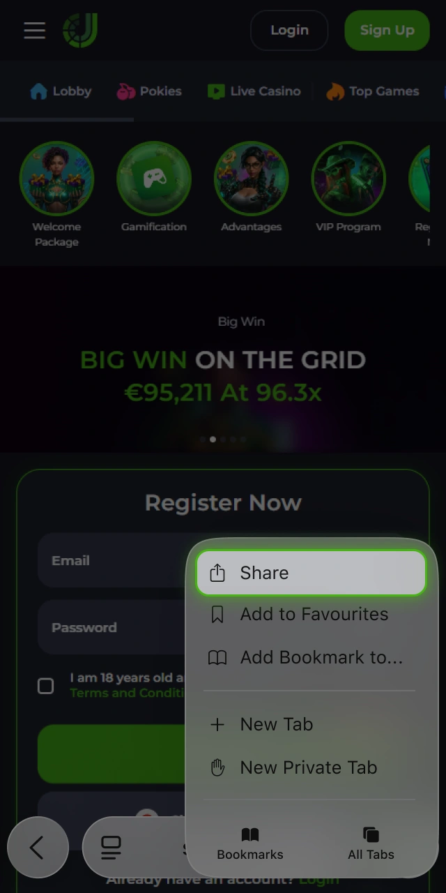 Open the browser share menu to install your JeetCity iOS app.