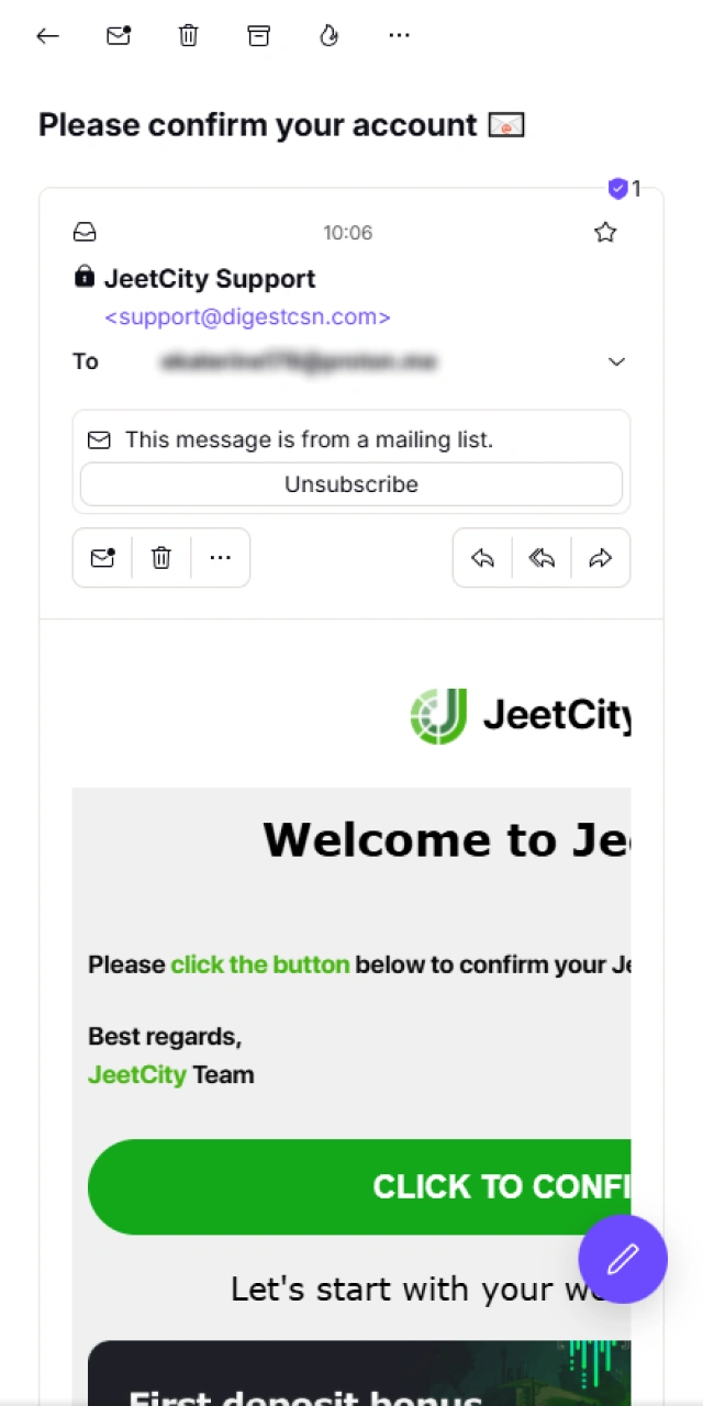 Confirm your email address to progress with JeetCity registration.