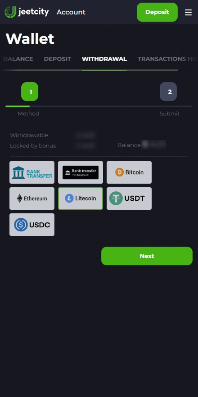 Select a payment option at JeetCity to process your withdrawal transfer.