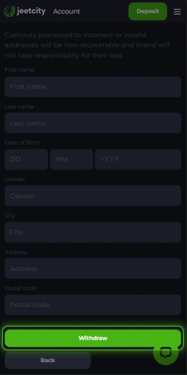 Confirm your transfer request to complete the withdrawal at JeetCity Australia.