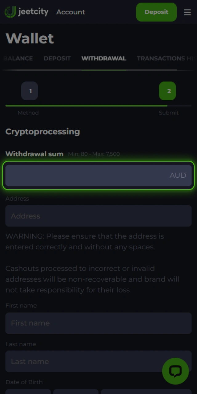 Specify how much money to payout during your JeetCity withdrawal.