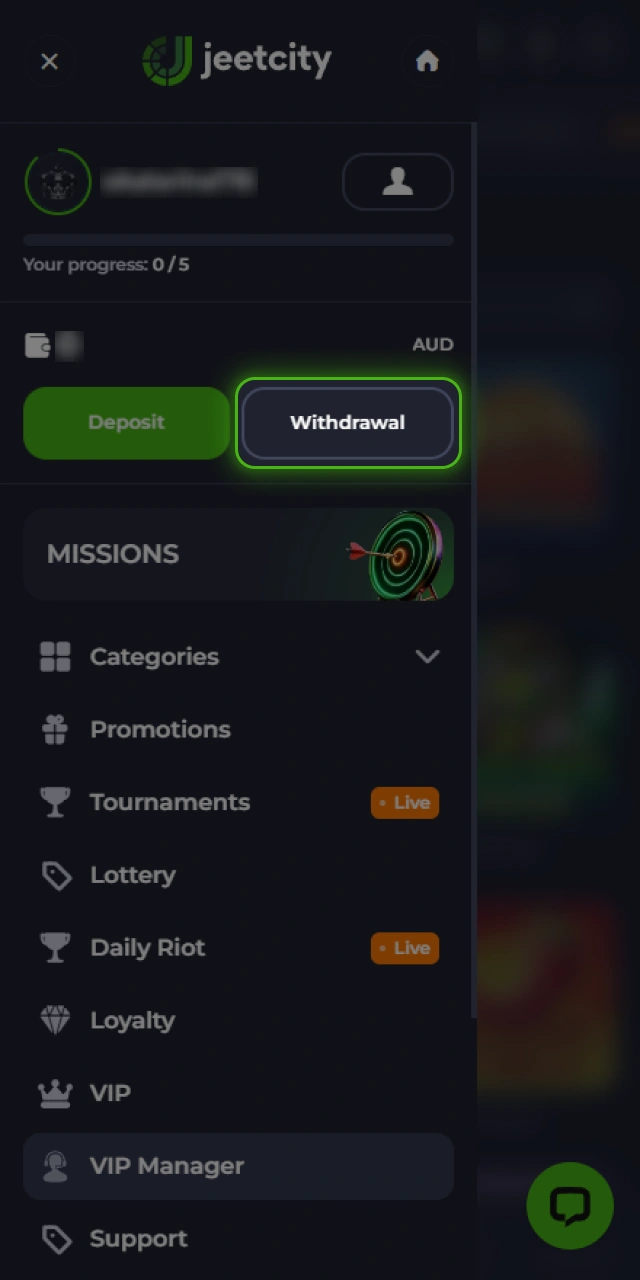 Open the cashier tab on JeetCity to manage your withdrawal payouts.